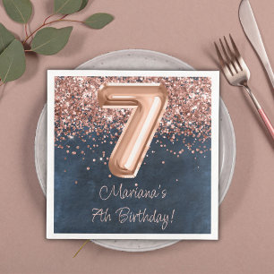 Serviette En Papier Fête d'anniversaire Rose Gold Navy Blue 7 ans