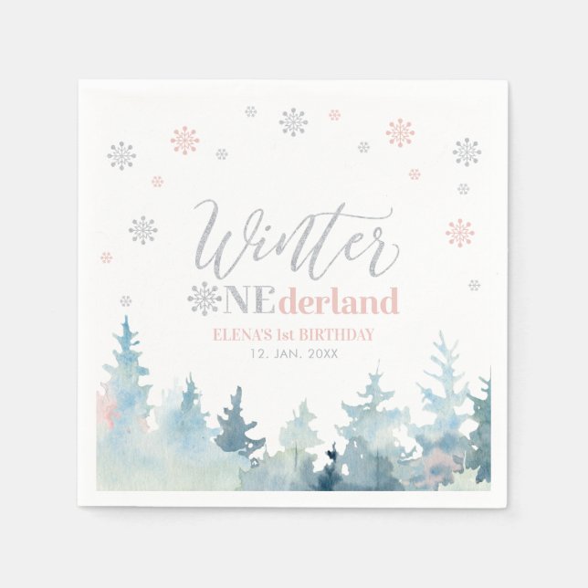 Serviette En Papier Fête d'anniversaire Silver & Pink Winter Onederlan (Devant)