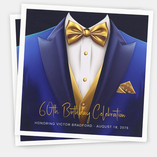 Serviette En Papier Fête d'anniversaire Smoking Bleu Royal Or pour Hom (Mens royal blue gold birthday party napkins and any occasion or event. Simply add your details.)