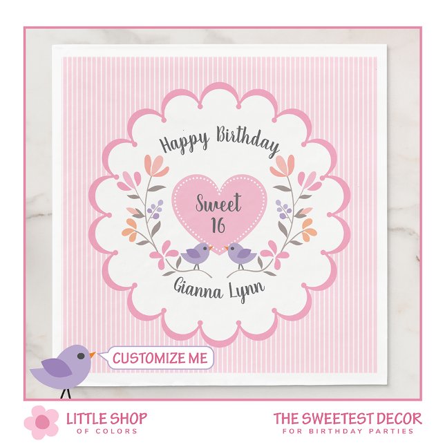 Serviette En Papier Fête d'anniversaire Sweet 16 florale rose personna (Créateur téléchargé)