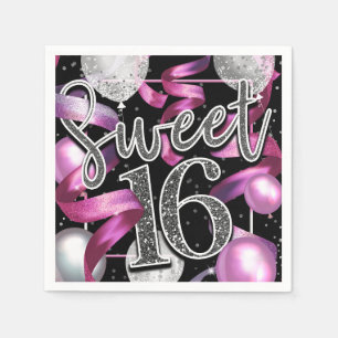 Serviette En Papier Fête d'anniversaire Sweet 16 pailletée argent rose