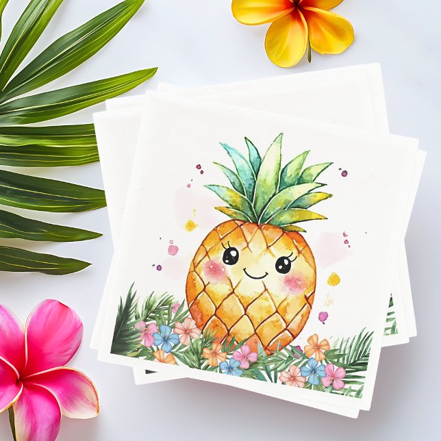 Serviette En Papier Fête d'anniversaire tropicale florale à l'ananas A (Tropical Pineapple Floral Aloha Birthday Party Napkins)