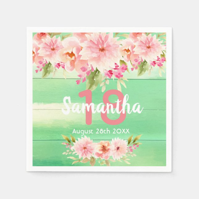 Serviette En Papier Fête d'anniversaire vert rustique bois rose florau (Devant)