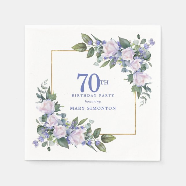 Serviette En Papier Fête de 70 ans sur mesure Rose Blanche Fleur Bleue (Devant)