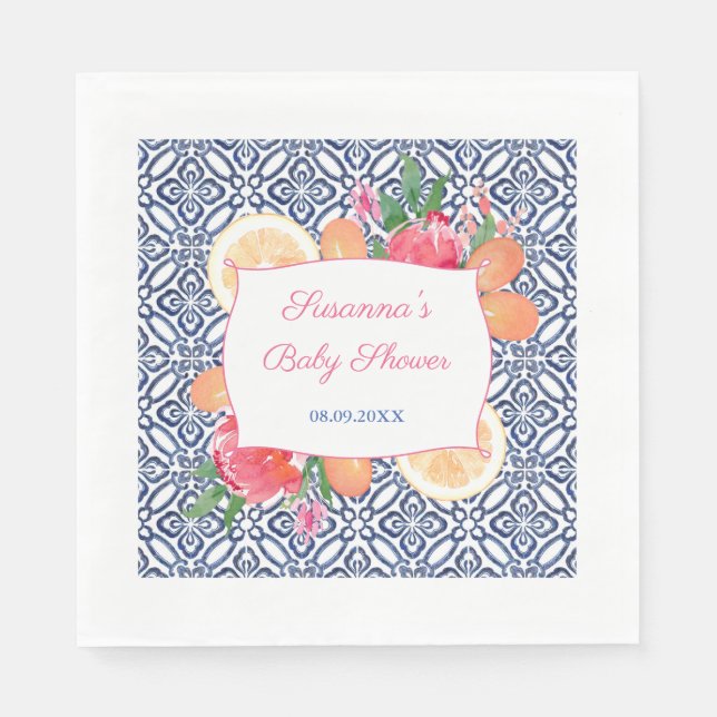 Serviette En Papier Fête de Baby Shower avec des carreaux bleus médite (Devant)