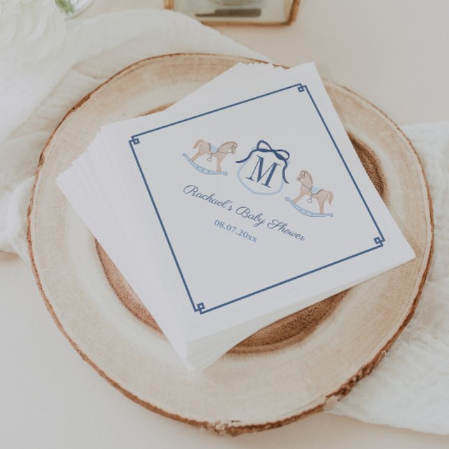 Serviette En Papier Fête de Baby Shower Cheval à bascule Monogramme Ch (Smart monogram crest rocking horse baby shower napkins with dark blue accents)