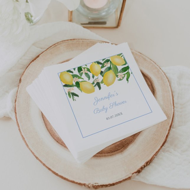 Serviette En Papier Fête de Baby shower de citron bleu pâle (Watercolor lemons with pale blue accents napkins for baby boy shower )
