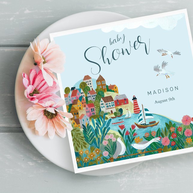 Serviette En Papier Fête de baby shower pour garçon sur le thème côtie (It takes a village boy baby shower party napkins)