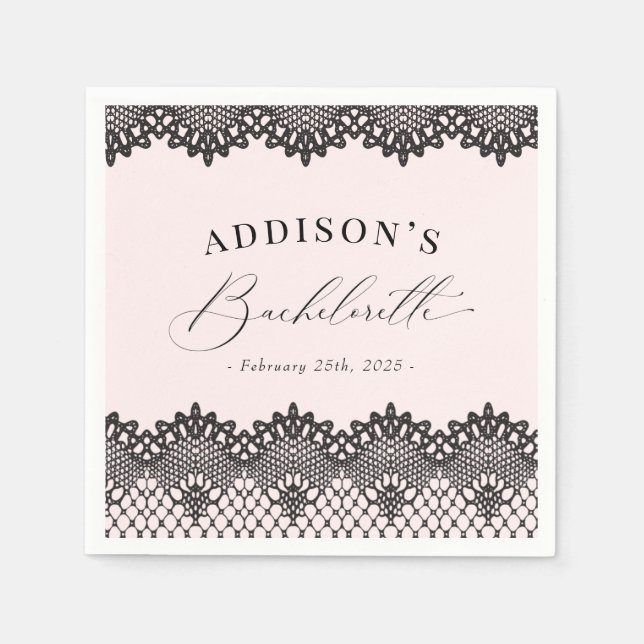 Serviette En Papier Fête de Bachelorette Rose Dentelle Noire Élégante (Devant)