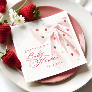 Serviette En Papier Fête de bébé aux fraises à ruban rose