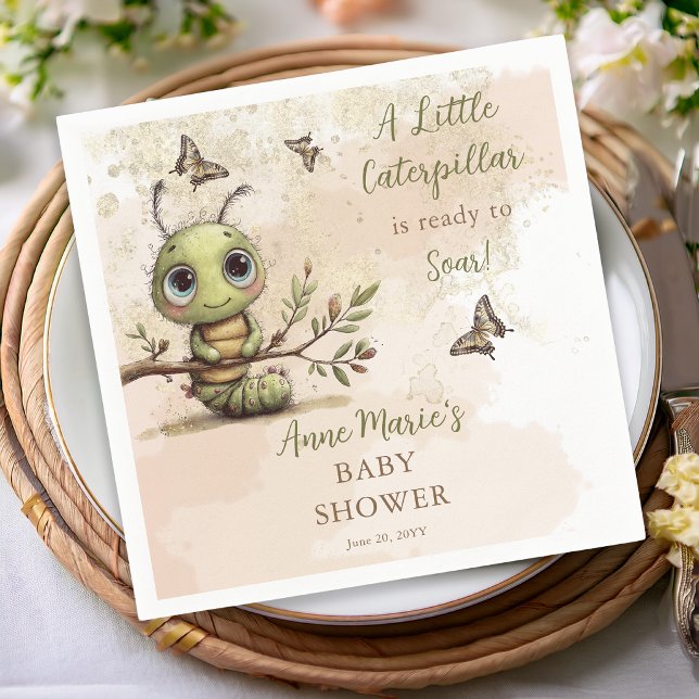 Serviette En Papier Fête de Bébé Chenille Fantaisiste Prête à S'Envole (Whimsical watercolor caterpillar baby shower paper napkins in sage and blush tones)