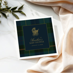 Serviette En Papier Fête de bébé classique à carreaux vert foncé et bl