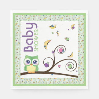 Serviette En Papier Fête de bébé de genre neutre Green Owl Lune Étoile