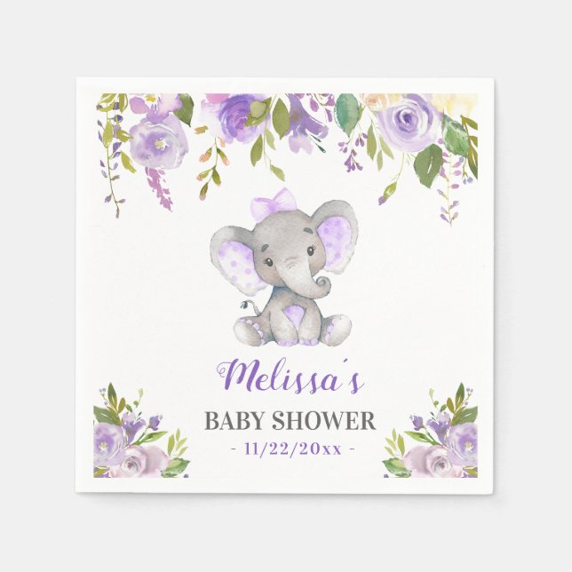 Serviette En Papier Fête de Bébé Fille à l'Éléphant Violet Fleur Sprin (Devant)