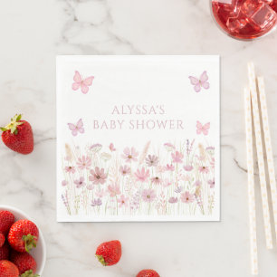 Serviette En Papier Fête de Bébé Fleurs Sauvages Papillon Rose