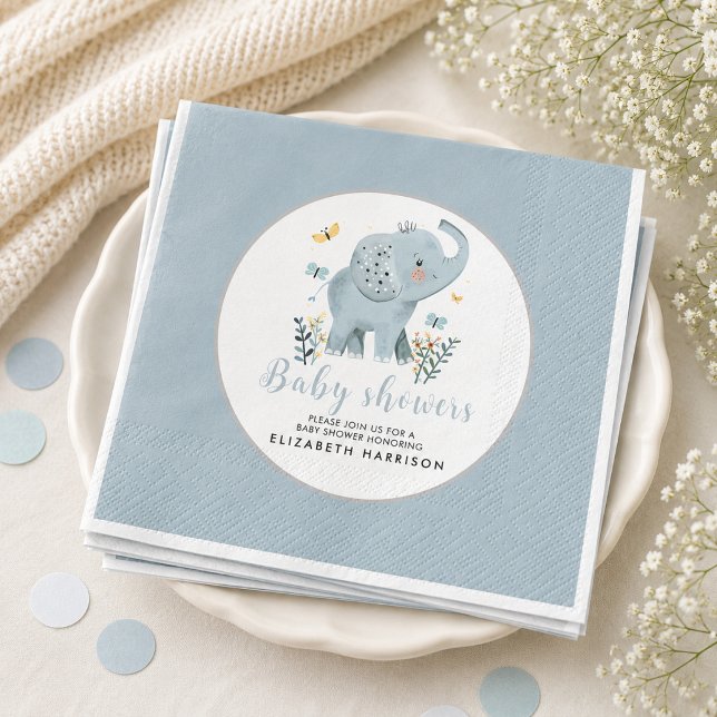 Serviette En Papier Fête de Bébé Garçon Eléphant Bleu Adorable (Adorable Elephant Blue Baby Boy Shower Napkins)