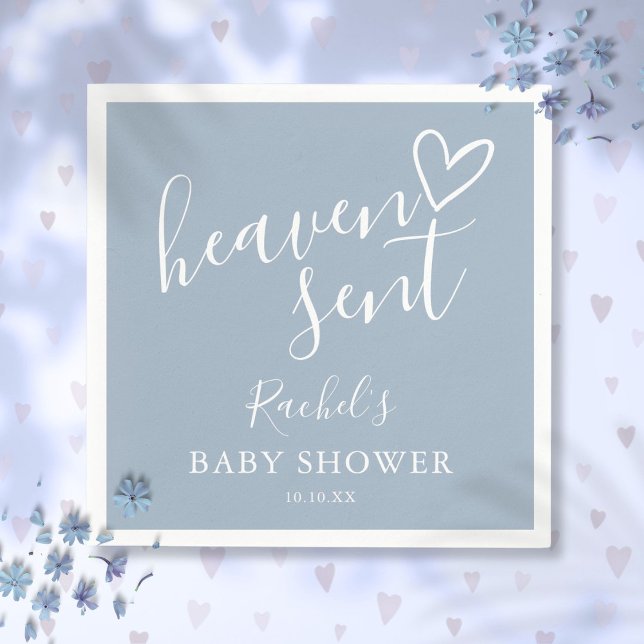 Serviette En Papier Fête de bébé garçon Heaven Sent Script Dusty Blue (Heaven Sent Script Dusty Blue Boy Baby Shower Napkins)
