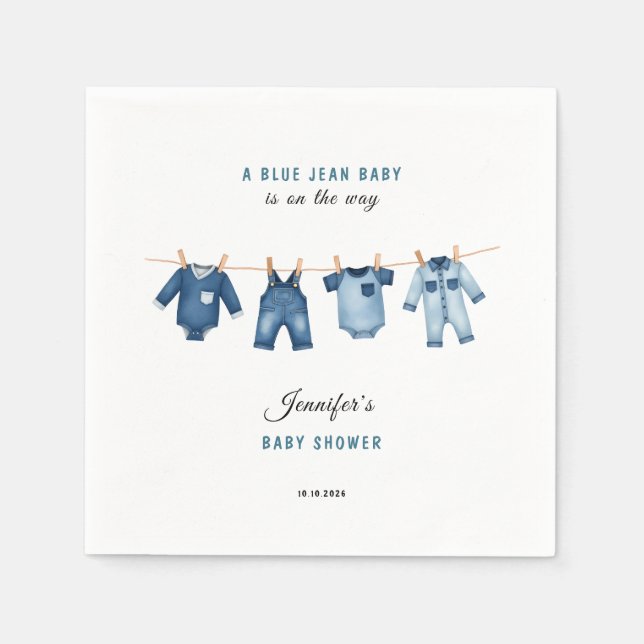 Serviette En Papier Fête de Bébé Jean Bleu - Thème Denim (Devant)
