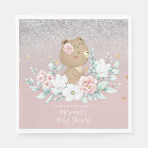 Serviette En Papier Fête de bébé ours floral pailleté rose apaisé