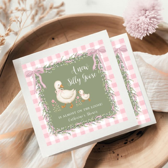 Serviette En Papier Fête de bébé Silly Goose Vert Sauge Gingham Rose (Créateur téléchargé)