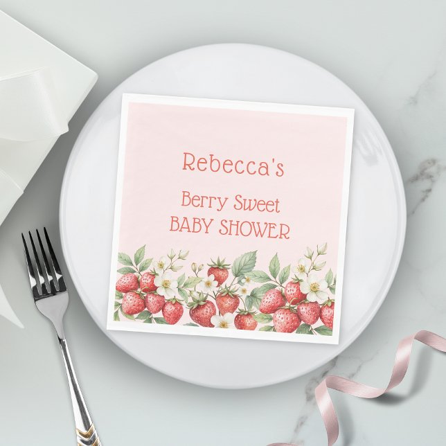Serviette En Papier Fête de Bébé Sucrée aux Fraises Fleuries (Créateur téléchargé)
