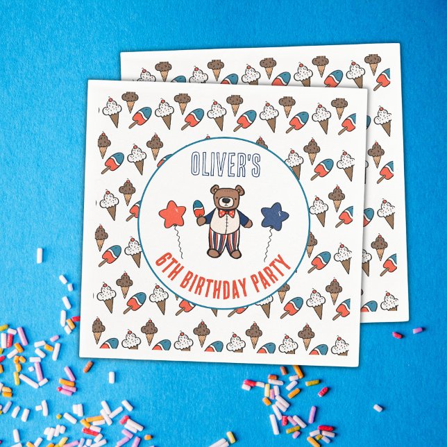 Serviette En Papier Fête de crème glacée rouge blanc et bleu Anniversa (Personalized Birthday Bear Ice Cream Party Napkins)