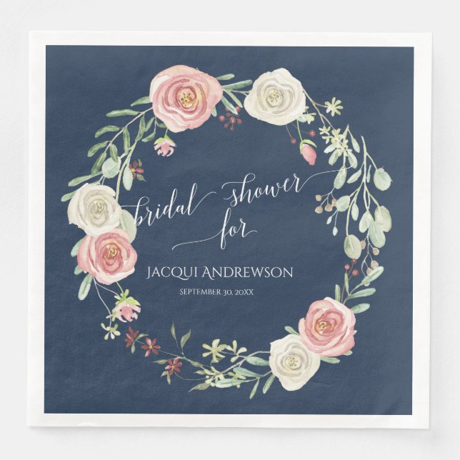 Serviette En Papier Fête de douche de mariée Couronne de rose Navy Blu (Devant)