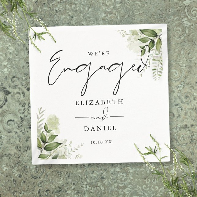 Serviette En Papier Fête de fiançailles florale de verdure moderne (Modern Greenery Floral Engagement Party Napkins)