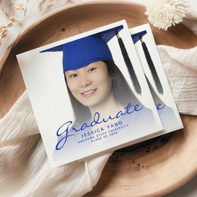 Serviette En Papier Fête de fin d'études avec photo sur script bleu (Créateur téléchargé)