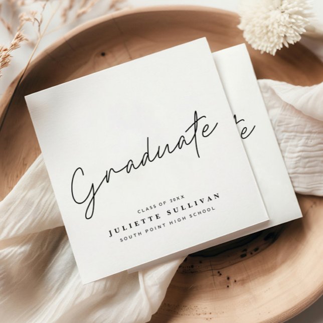 Serviette En Papier Fête de fin d'études noir et blanc Simple Script (Simple graduate script black and white graduation party napkins.)
