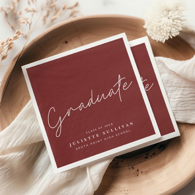 Serviette En Papier Fête de fin d'études Simple Script Marron (Simple graduate script maroon graduation party napkins.)