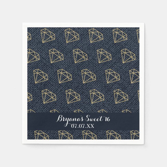 Serviette En Papier Fête de Glamour Doré et Bleu Denim & Diamants (Devant)