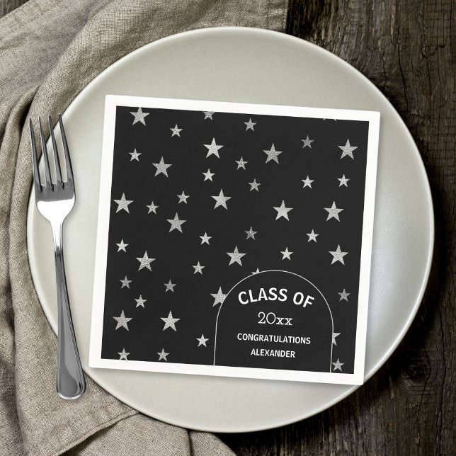Serviette En Papier Fête de graduation noire Silver Stars personnalisa (Créateur téléchargé)