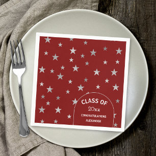 Serviette En Papier Fête de graduation rouge des étoiles d'argent pers