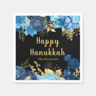 Serviette En Papier Fête de Hanukkah aux fleurs bleues et or élégantes