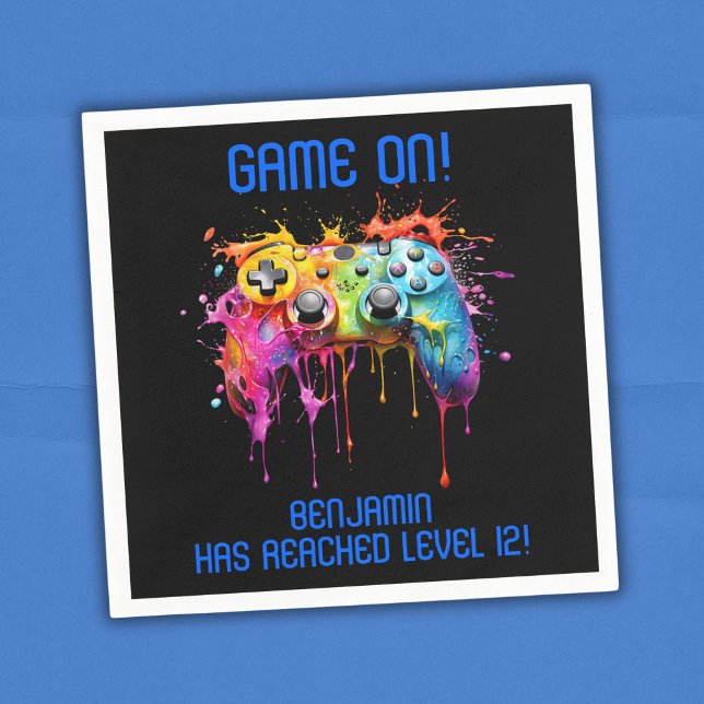 Serviette En Papier Fête de jeu vidéo Boy Blue Level Up (Créateur téléchargé)