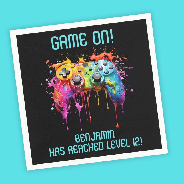 Serviette En Papier Fête de jeu vidéo Boy Teal Level Up (Créateur téléchargé)