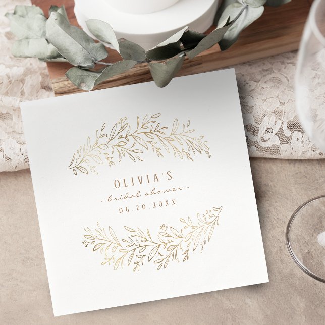 Serviette En Papier fête de la douche de mariée du feuillage botanique (faux gold botanical foliage bridal shower party napkins)