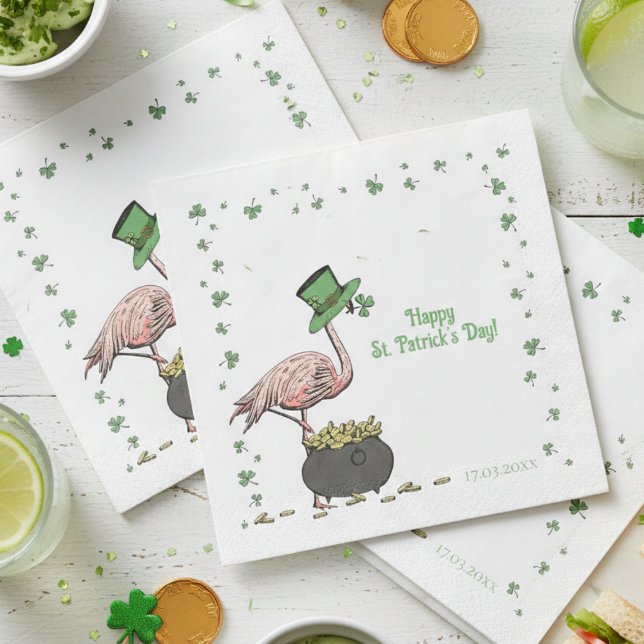 Serviette En Papier Fête de la Saint-Patrick Flamingo Trèfle Irlandais (Happy St Patrick's Day Paper Napkins 4 Saint Patrick's Day Party. Cute Funny Irish Flamingo Clovers)