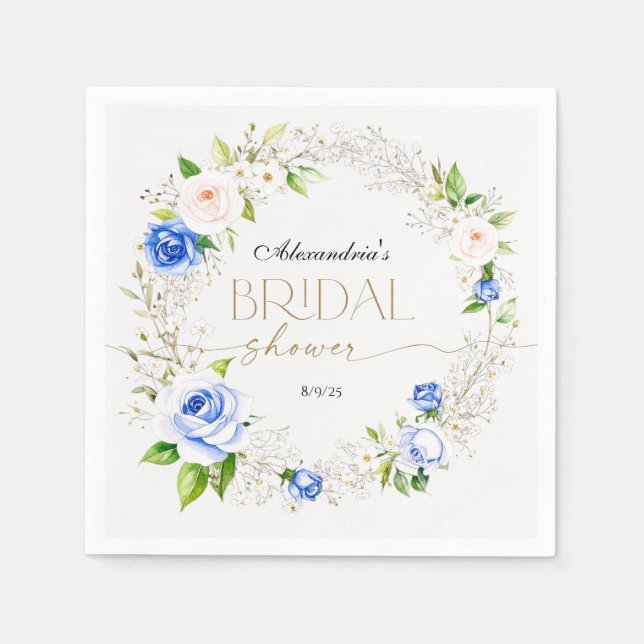 Serviette En Papier Fête de mariage aux roses pastel bleu romantique (Devant)