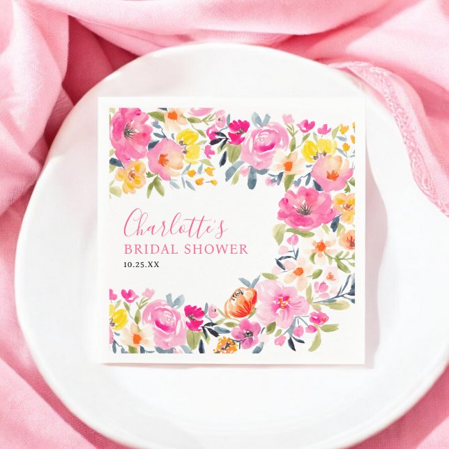Serviette En Papier Fête de mariage champêtre à l'aquarelle fleurie au (Bohemian bold floral watercolor bridal shower napkins)