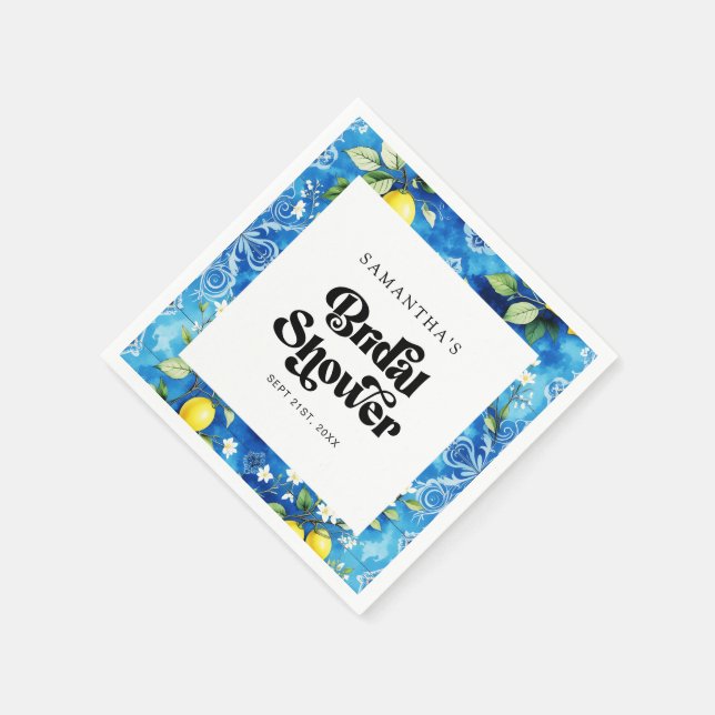 Serviette En Papier Fête de mariage Citron Citron vert Aquarelle Bleu  (Coin)