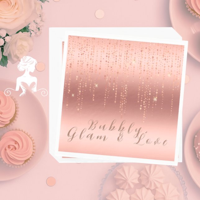 Serviette En Papier Fête de Mariage Élégante Rose Gold et Confettis (Elegant rose gold foil confetti bridal shower napkin with modern calligraphy and luxe metallic look.)
