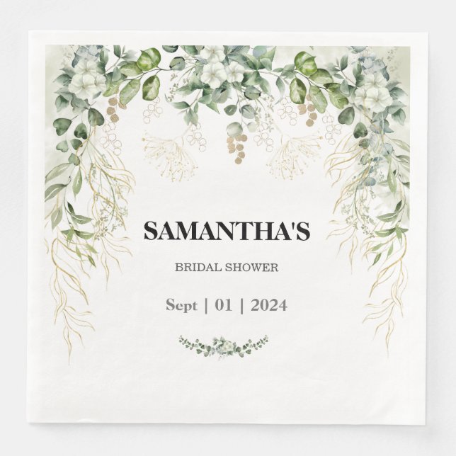 Serviette En Papier Fête de mariage Enchantée Feuillage Doré et Vert (Devant)