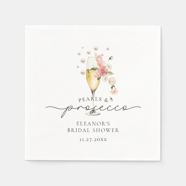 Serviette En Papier Fête de Mariage Fleurs Roses Perles & Prosecco (Devant)