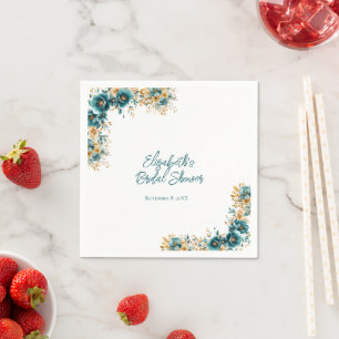 Serviette En Papier Fête de mariage floral aquarelle bleu-vert or