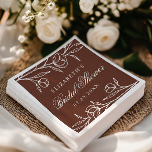 Serviette En Papier Fête de mariage floral esquissé marron
