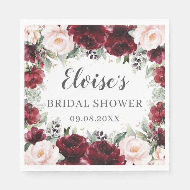Serviette En Papier Fête de mariage floral rose Bourgogne Bridal Baby  (Devant)