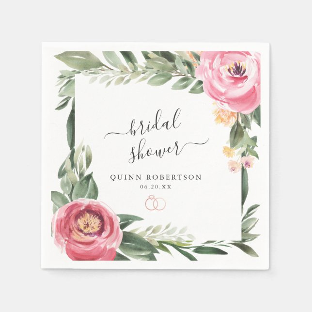 Serviette En Papier Fête de Mariage Florale Pivoines Roses Personnalis (Devant)