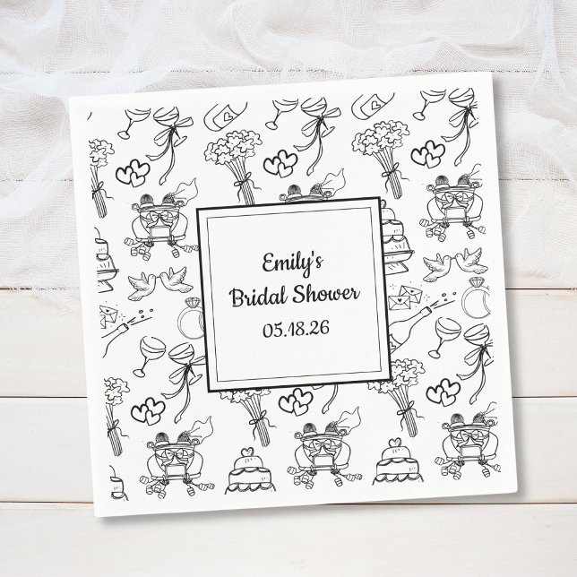 Serviette En Papier Fête de mariage mignonne et fantaisiste avec des g (Custom bridal shower napkins featuring whimsical wedding icons – perfect for a trendy celebration.)